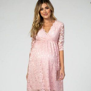 Light Pink 3/4 Sleeve Floral Lace Maternity Dress M